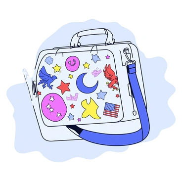 A skateboard bag with a variety of cultural symbols from different countries. The bag is prominently displayed in a gallery setting with clean lines and a neutral background. Various symbols such as a dragon to represent China, a crescent moon for Turkey, and an eagle for the United States are vividly illustrated on the bag's surface. The bag has adjustable straps and a zippered pocket, showcasing a modern design. Soft lighting highlights the details of the symbols and the textures of the bag.