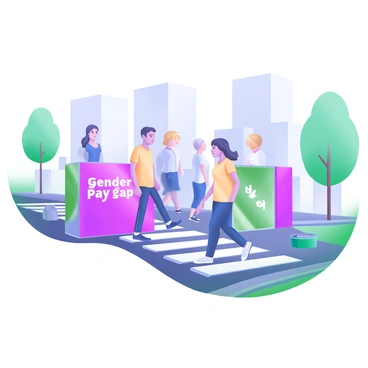 A modern pastel illustration depicting a crosswalk. In the foreground, several men are walking confidently, with expressions of ease and freedom. They are dressed in casual clothing, and their paths are clear. In contrast, a group of women is positioned near the crosswalk but facing barriers that are visually represented as large, semi-transparent walls. Each barrier is labeled "gender pay gap" in bold, eye-catching text. The scene conveys a strong sense of division, with the men moving forward and the women obstructed by the walls. The background features a cityscape with tall buildings and trees lining the street.