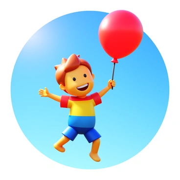 A child wearing a colorful t-shirt and shorts is holding a "bright red balloon" filled with "oxygen." The child is smiling and appears carefree as they gently float upwards, with their feet slightly off the ground. The background features a clear blue sky, allowing the red balloon to stand out prominently. The sunlight casts a warm glow on the scene, enhancing the sense of joy and excitement.