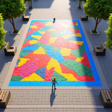 A vibrant abstract mosaic composed of various colorful tiles arranged in a dynamic pattern. The tiles display a variety of hues, including reds, blues, yellows, and greens, creating an eye-catching visual effect. The mosaic covers a large section of the public square, with intricate designs that draw the eye in. Surrounding the mosaic are cobblestone pathways and benches where people can sit and admire the artwork. Sunlight casts playful shadows on the surface of the mosaic, enhancing the colors and textures of the tiles.
