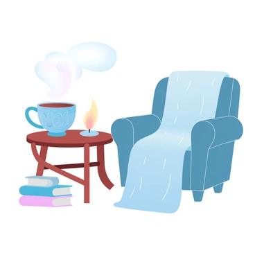 A warm, inviting cup of tea is placed on a small wooden table. The cup has intricate patterns and steam is gently rising from it. Nearby, a soft knitted blanket is draped over a plush armchair. A small stack of books rests next to the cup, and a lit candle flickers softly in the background. The lighting creates a comfortable atmosphere within the cozy setting.