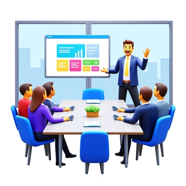 An enthusiastic entrepreneur standing in a modern office space, passionately presenting a startup idea. The entrepreneur is dressed in a sharp business suit, exuding confidence as they engage with a group of potential investors seated around a sleek conference table. A large screen in the background displays a vibrant infographic highlighting the key points of the startup idea. The office has contemporary decor, with large windows allowing natural light to flood the room. Various tech gadgets and notebooks are scattered on the table, indicating a dynamic brainstorming session. The investors appear intrigued, taking notes and leaning forward to listen attentively.