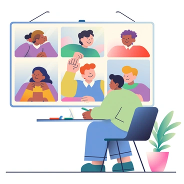 A large screen displays several team members participating in a virtual meeting. Each team member has a distinct appearance, showcasing a range of hairstyles and clothing styles. Some are smiling and leaning towards the screen, showing enthusiasm for the discussion. In the foreground, a round table is visible with notebooks and pens scattered across its surface. A person is seated at the table, taking notes and nodding in agreement with the points being made. Soft lighting creates a warm atmosphere in the room, and a potted plant can be seen in the corner.