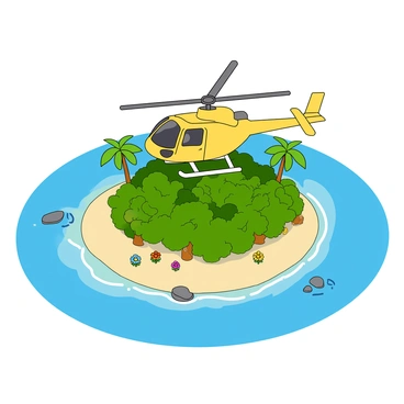 A bird's-eye view shows a bright yellow helicopter hovering over a small, lush tropical island surrounded by clear blue water. The island features vibrant green palm trees and colorful tropical flowers scattered across the sandy beach. The helicopter's rotor blades are spinning, casting a shadow on the dense foliage below. Small waves gently lap against the shore, and a few small rocks can be seen emerging from the turquoise water nearby. The overall scene captures the beauty of the tropical landscape under a clear sunny sky.