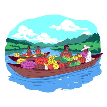 A vibrant floating market on the Congo River, featuring colorful wooden boats lined up side by side. Each boat is filled with an assortment of exotic fruits and vegetables, displayed in abundance. Vendors, dressed in traditional attire, are actively engaging with customers, showcasing their fresh produce. Bright yellow bananas, deep red tomatoes, and green leafy vegetables are among the offerings. The river reflects the greenery of the surrounding landscape, while the sky above is a mix of blue and white with fluffy clouds.