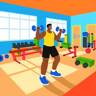 A vibrant gym filled with colorful exercise equipment. The walls are painted in bright shades of blue and orange, enhancing the lively atmosphere. Various machines and weights are scattered throughout the space, all in an array of colors including red, green, and yellow. In the center, a person is performing dumbbell lateral raises, wearing a bright yellow tank top and black shorts. The individual has a focused expression, with both arms extended out to the sides holding a set of bright blue dumbbells. Sunlight streams in through large windows, casting dynamic shadows on the polished wooden floor.