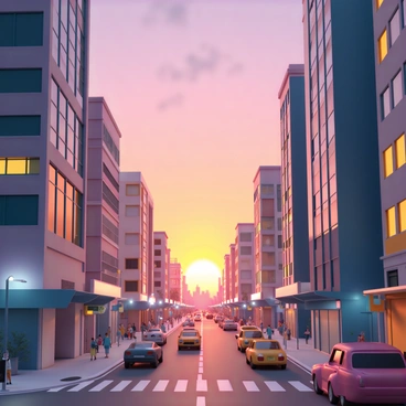 A vibrant sunset casts a warm glow over a bustling cityscape. The sky is filled with shades of orange, pink, and purple as the sun sets on the horizon. Tall buildings with glass windows reflect the colorful light, creating a kaleidoscope of colors across their surfaces. The city is alive with activity, as tiny figures can be seen walking along the streets and vehicles move through the thoroughfares. Streetlights begin to illuminate, blending with the natural light to create a lively atmosphere as day transitions to night.