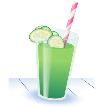 A vibrant green smoothie is placed in a clear glass. The smoothie has a thick, smooth texture and is a rich shade of green. On top, there are thin slices of fresh cucumber artfully arranged, adding a light contrast to the smoothie. A colorful straw, striped in shades of pink and white, is inserted into the glass. The smoothie is resting on a white wooden table, with soft natural light illuminating the scene.