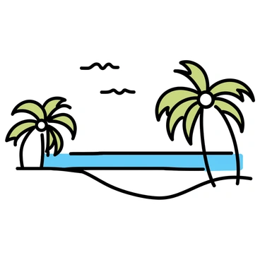 A minimalistic drawing of a tropical beach scene. There are several palm trees, depicted with long, slender trunks and green fronds, swaying gently. The ocean is calm, shown as a smooth surface with gentle ripples. The sandy beach is light-colored and extends across the foreground, meeting the water's edge. The sky is clear with a few simple clouds.