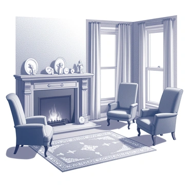 A vintage parlor room featuring an ornate fireplace with a detailed mantle. The mantle is lined with a collection of delicate porcelain figurines, showcasing various poses and expressions. Each figurine is positioned carefully among intricate lace doilies that add texture to the display. The room is furnished with plush seating, including a set of chairs upholstered in rich fabric. A patterned area rug covers the wooden floor, and there are elegant drapes framing the windows, letting in soft light. The walls are adorned with vintage wallpaper, enhancing the nostalgic atmosphere.
