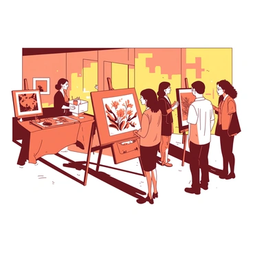 An orange art showcase is taking place in the evening, illuminated by soft yellow lights that create a warm ambiance. Several artists are standing nearby, presenting their illustrated works displayed on easels. Each artwork showcases a variety of illustrations, with intricate details and vibrant colors. The artists are engaged in conversation with attendees, who are admiring the pieces. In the background, there are tables with refreshments set up for guests to enjoy during the event.