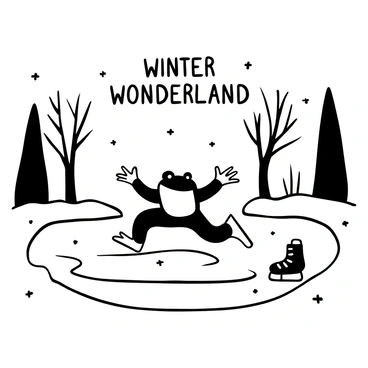 A frog elegantly gliding on a frozen pond, with its legs extended outward as it balances. The surface of the pond is smooth and reflects the surrounding trees, which are bare of leaves. Tiny snowflakes gently fall around the frog, accentuating the chilly atmosphere. In the background, there are patches of snow on the ground, and a few ice skates lying nearby. The words "Winter Wonderland" are displayed above the scene.