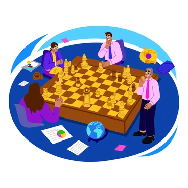 A group of stakeholders gathered around a large wooden chessboard, intensely focused on their strategy. The chess pieces, depicting intricately carved knights, rooks, and pawns, are arranged on the board in a complex formation. The room is dimly lit, with shadows casting dramatic shapes across the table. A globe and scattered papers with charts and graphs sit nearby, hinting at the seriousness of their discussion. The stakeholders are dressed in formal attire, emphasizing their professionalism as they engage in deep conversation while contemplating their next moves.
