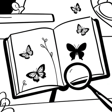 An open book resting on a wooden surface displays detailed illustrations of various butterfly species on its pages. Each illustration features a different butterfly, showcasing their unique wing patterns and shapes. The book's pages are slightly curled at the edges, and there are delicate pencil sketches of plants and flowers in the margins. A magnifying glass lies beside the book, emphasizing the intricate details of the illustrations. Shadows cast by the sunlight create a gentle contrast across the scene.