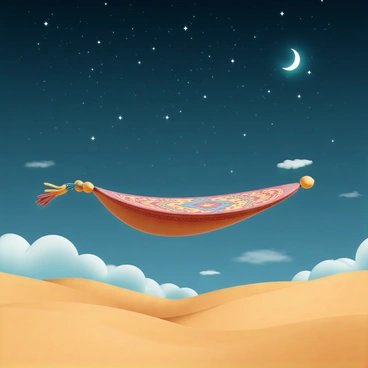 A vibrant magic carpet, adorned with intricate patterns in rich colors of red, gold, and blue, is soaring gracefully over a vast desert. The desert sand, appearing warm and golden under the moonlight, sparkles like tiny jewels as it undulates in the gentle breeze. Above, a breathtaking starlit night sky is filled with countless stars, twinkling brightly against the deep blue backdrop, with a crescent moon casting a soft glow over the scene. The magic carpet is slightly tilted, showcasing its flowing fringes as it glides through the air, with wisps of clouds drifting lazily in the distance.