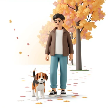 A beagle with a short, smooth coat that has a mixture of brown, black, and white fur, is walking beside its owner. The owner is wearing a brown jacket, blue jeans, and black sneakers. They are smiling down at the beagle as they stroll along a path covered in colorful fallen leaves ranging from red to orange to yellow. The background features trees with vibrant autumn foliage, and scattered leaves flutter gently in the breeze. Sunlight filters through the branches, casting dappled shadows on the ground.