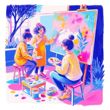 A group of women is gathered around a large canvas set up on an easel. They are engaged in painting a vibrant mural, each contributing their own unique colors and styles. One woman has curly hair, wearing a bright yellow smock, and is using a large brush to apply blue paint. Another woman has straight black hair tied back in a bun, holding a palette in one hand while adding green details to the mural. A third woman, with glasses and a colorful scarf, is perched on a stool, carefully painting intricate patterns. Nearby, paint tubes and jars of brushes are scattered across a table. The atmosphere is lively, with paint splatters on the ground and sunlight filtering through nearby trees.