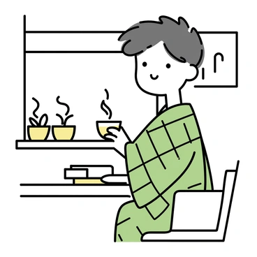 A young man with short, dark hair and a green checkered kimono sits at a small wooden table in a cozy café. He is holding a warm cup of tea, steam rising gently from the surface. The café has soft lighting, with a few plants on the windowsill and a book on the table beside him. The walls are adorned with simple artwork, and a comfortable chair complements the warm atmosphere. The man appears relaxed as he glances outside, enjoying the tranquil environment.