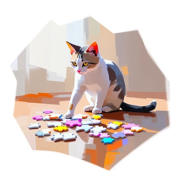 An Egyptian cat with a sleek, elegant body and large ears is playfully batting at colorful crossword puzzle pieces scattered across a wooden floor. The cat has a short coat with distinct markings and bright, alert eyes. The crossword pieces are in various shapes and sizes, and some are slightly lifted as if the cat’s paw has just touched them. The room has soft lighting that casts gentle shadows, enhancing the playful atmosphere of the scene.