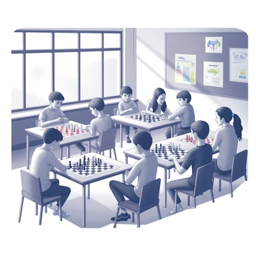 A classroom filled with students engaged in various board games. Some students are seated at a rectangular table, concentrated on a chess game with a complete set of black and white pieces arranged on the board. Nearby, a group of students is sitting cross-legged on the floor, playing checkers with red and black pieces, deep in conversation and laughter. The walls of the classroom are adorned with educational posters and colorful drawings. Sunlight streams through large windows, illuminating the scene with a sense of activity and fun.