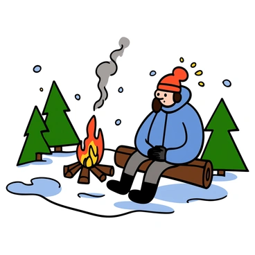A solitary traveler with light skin and short brown hair sitting on a log next to a bright campfire. The traveler is wearing a thick, dark blue winter jacket, warm gloves, and a red beanie. Snow blankets the ground and the surrounding pine trees, creating a serene winter atmosphere. The fire casts a warm glow on the traveler's face as they gaze thoughtfully into the flames, with smoke rising gently into the cold air. In the background, snowflakes are softly falling, enhancing the wintry setting.
