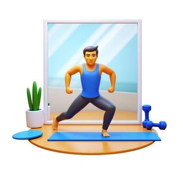A person performing "jumping jacks" in front of a large "mirror" in a home setting. The individual is dressed in athletic wear, with a focused expression. The room is brightly lit, featuring a wooden floor and minimalistic decor. The large mirror reflects the person's movements, showcasing their form and energy. Nearby, there may be fitness equipment like dumbbells or a yoga mat, emphasizing the exercise environment.