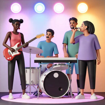 A diverse band is performing on stage, featuring four musicians. The first musician, a Black woman, is playing an electric guitar, wearing a red tank top and black jeans. The second musician, a South Asian man, is on the drums, wearing a blue shirt and denim shorts. The third musician, a white man, is playing the keyboard, dressed in a green t-shirt and black trousers. The fourth musician, a Hispanic woman, has a hearing aid and is singing into a microphone, wearing a purple blouse and leather leggings. Colorful stage lights illuminate the band, creating an energetic atmosphere as they engage with the audience.