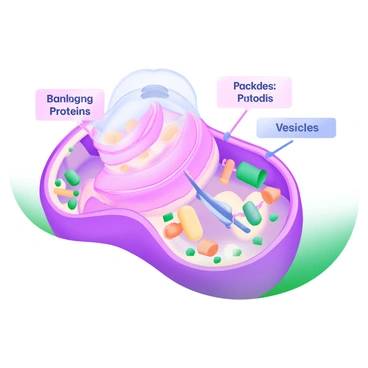 An illustration of a Golgi apparatus within an animal cell. The Golgi apparatus is depicted as a series of stacked, curved membranes in shades of pink and light purple. Nearby, various proteins are shown being processed and packaged into vesicles, which are illustrated as small, rounded structures. Labels are placed clearly around the Golgi apparatus, with phrases such as "Packaging Proteins" and "Vesicles" in bold, readable font. The surrounding cell is represented with a smooth, pastel background featuring details of the cell membrane and other organelles, such as mitochondria and ribosomes, in soft, complementary colors.