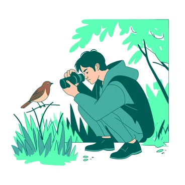 A teal nature photographer is crouched down among tall green grass, adjusting the focus on their camera lens aimed at a small brown bird perched on a nearby branch. The photographer's expression shows intense concentration as they hold the camera steady with both hands. Sunlight filters through the leaves overhead, casting gentle shadows on the ground. The bird appears alert and slightly fluffed up, its feathers ruffled in the breeze.