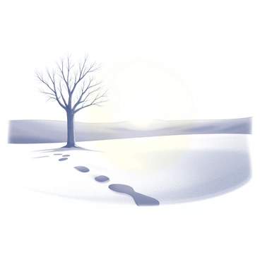 A snowy field stretches across the scene, blanketing the ground in white. In the center of the field stands a lone tree with a textured bark and many branches reaching outwards. Footprints are visible in the snow, leading from the foreground towards the tree, creating a path through the soft, untouched snow. A winter sunset casts a gentle light across the landscape, illuminating the tree and the snowy expanse. The horizon shows subtle variations in the snow's surface, suggesting the peacefulness of the winter evening.