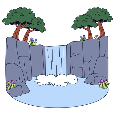 A majestic waterfall cascading down a series of textured, gray rocks. The water flows with white foam, creating a mist at the base. Surrounding the waterfall are tall, ancient trees with dark green leaves, their trunks thick and gnarled. Sunlight filters through the foliage, casting dappled shadows on the ground. A few colorful flowers grow at the base of the trees, adding pops of color to the scene.