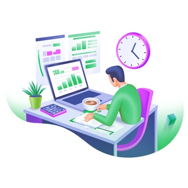 A modern pastel illustration depicting a financial analyst seated at a sleek desk with a laptop open in front of them. The laptop screen displays various graphs and financial data related to a company’s valuation. Surrounding the desk are financial documents, a calculator, and a cup of coffee. The analyst is focused, with a pen in hand, jotting down notes on a notepad. A wall clock in the background indicates the time, and a potted plant adds a touch of greenery to the workspace.