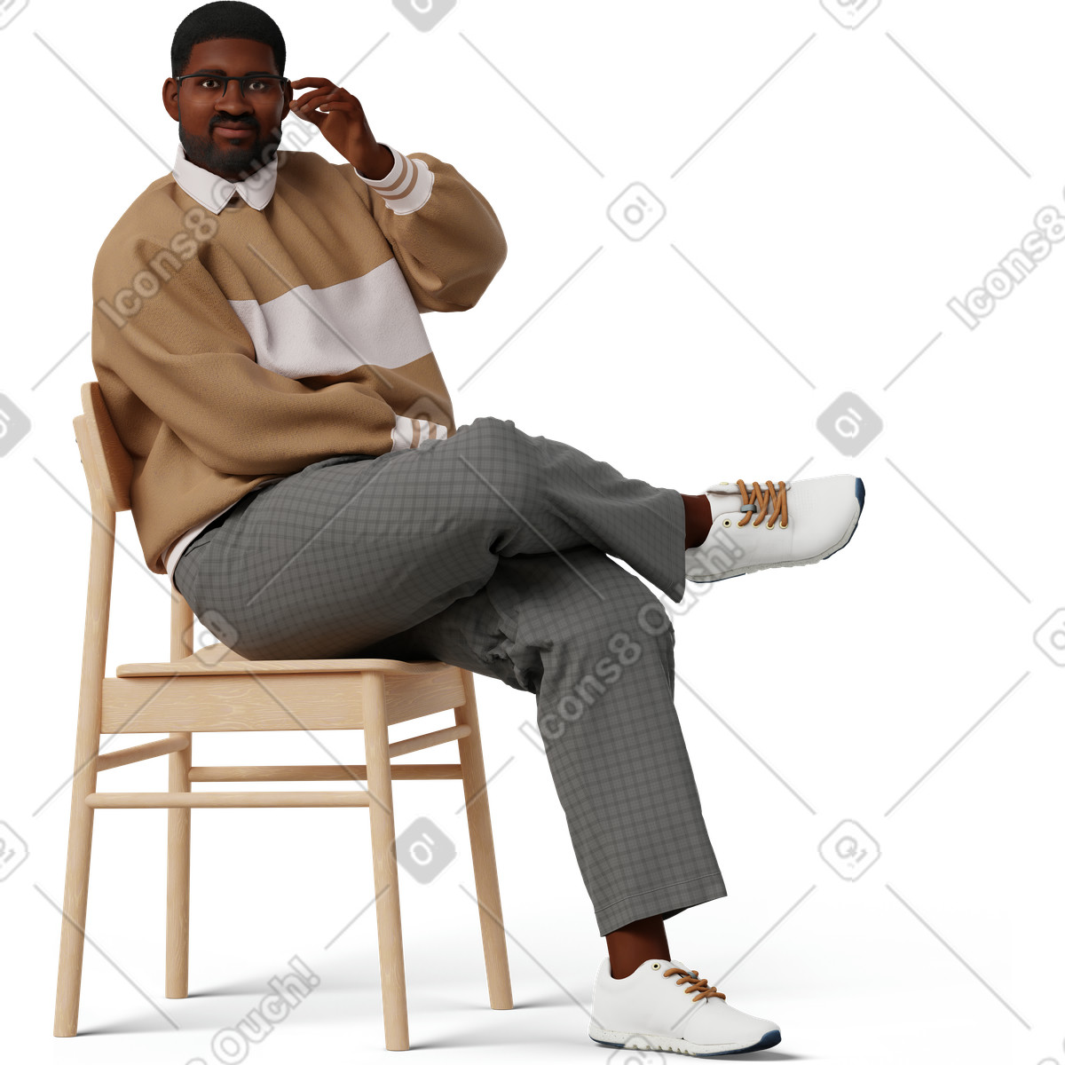 Young man sitting on a chair adjusting his eyeglasses illustration clipart vector graphics
