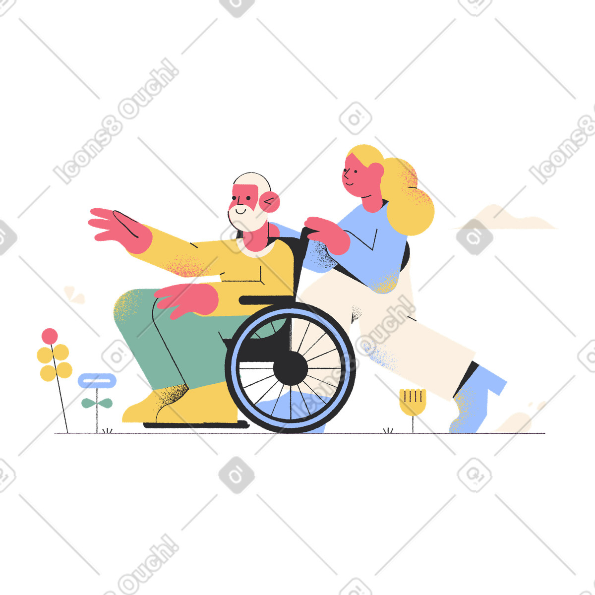 Disability care and mobility assistance, Elderly support daily help illustration in Pablo style download in PNG, SVG