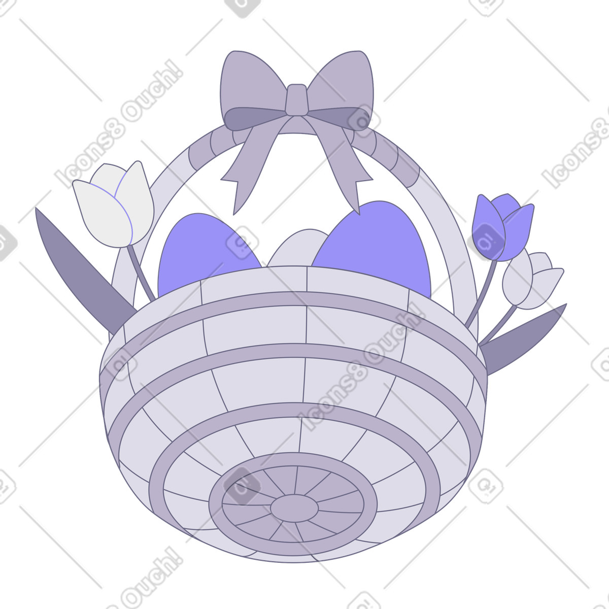 Cesto di vimini con uova e tulipani per pasqua illustrazione in stile Modul scarica in PNG, SVG