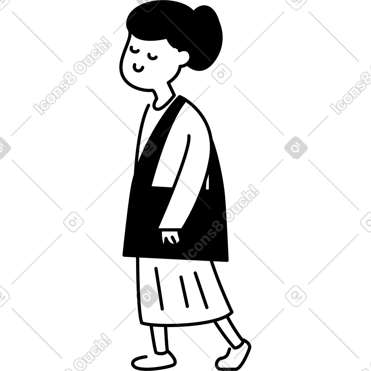 Notion Line Art 스타일의 Woman walking calmly wearing long skirt and simple jacket outfit 일러스트레이션 PNG, SVG 다운로드