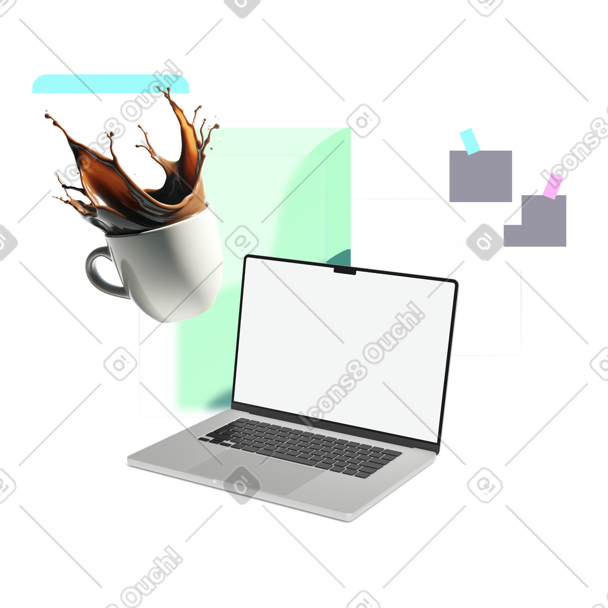 Remote workspace with laptop and coffee mug illustration in PNG, SVG