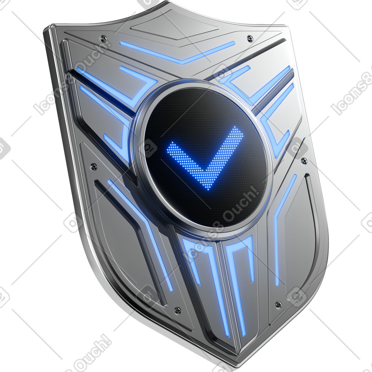 Ilustración Shield metallic cybersecurity badge with glowing checkmark and blue lights en estilo 3D Pro a descargar en PNG y SVG