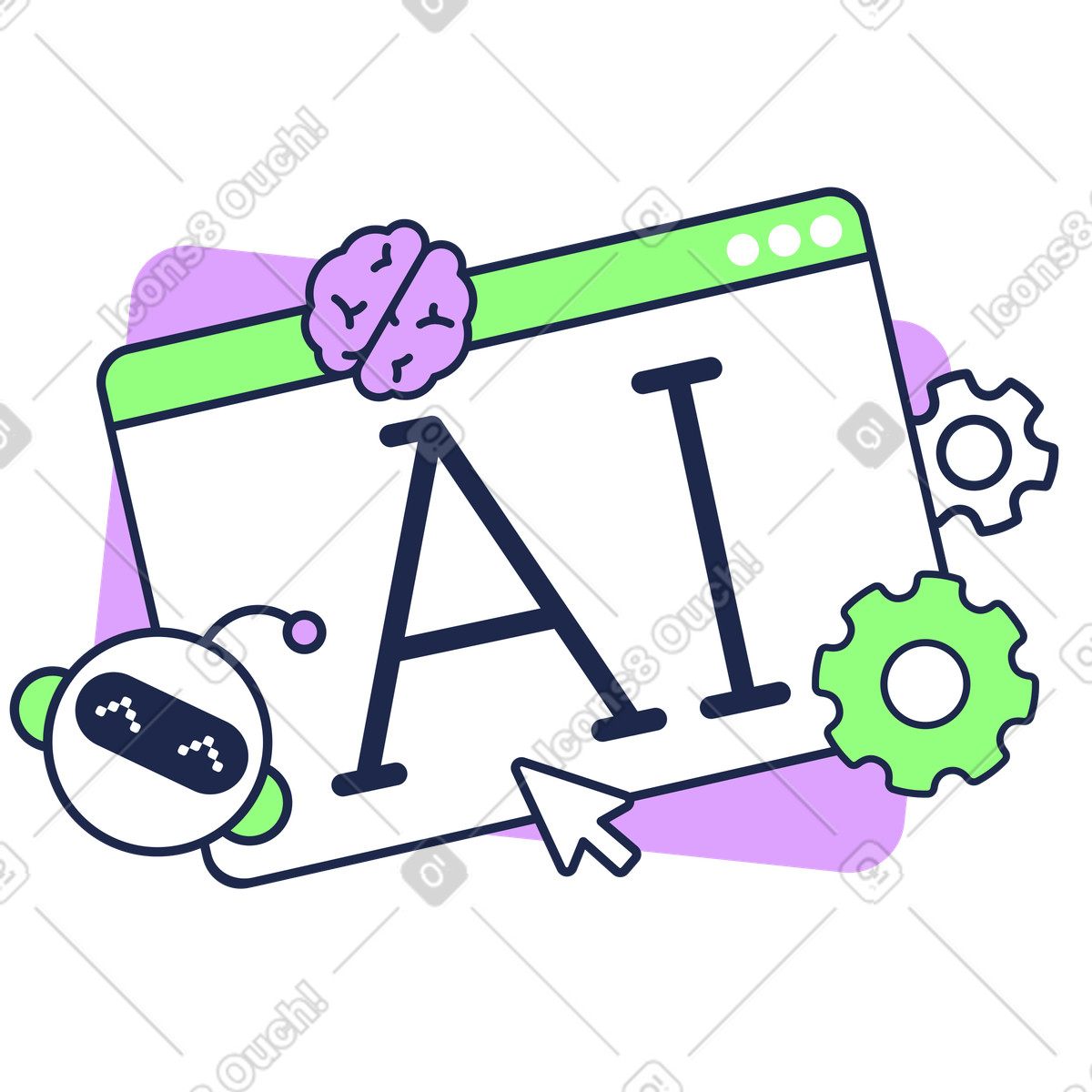 Ai text in browser window, smart technology and machine learning illustration Outline style download PNG, SVG