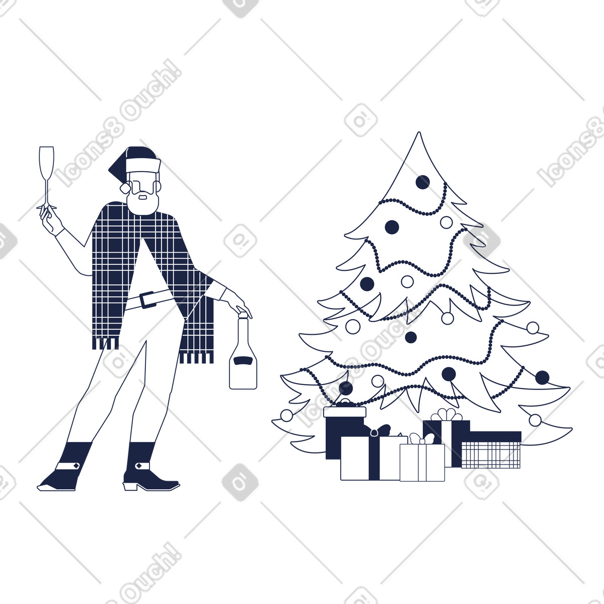 Weihnachtsmann mit champagner auf weihnachtsfeier-Illustration im Urban Line-Stil als Download in PNG, SVG