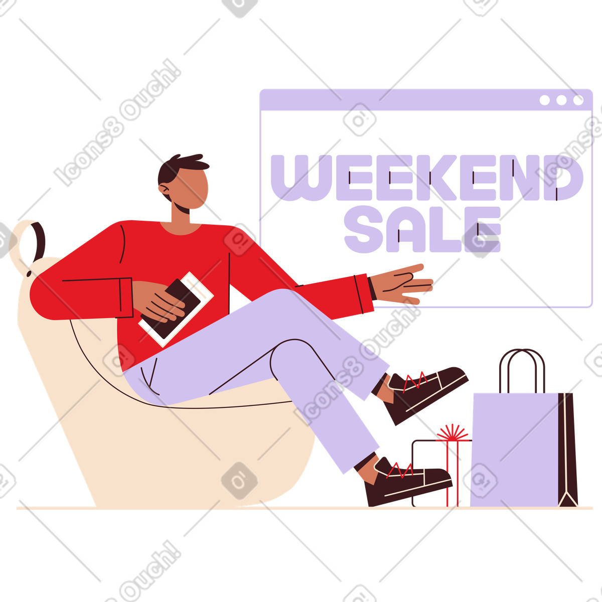 Lettering Weekend Sale in browser with packages and boxes text illustration Folks style download PNG, SVG