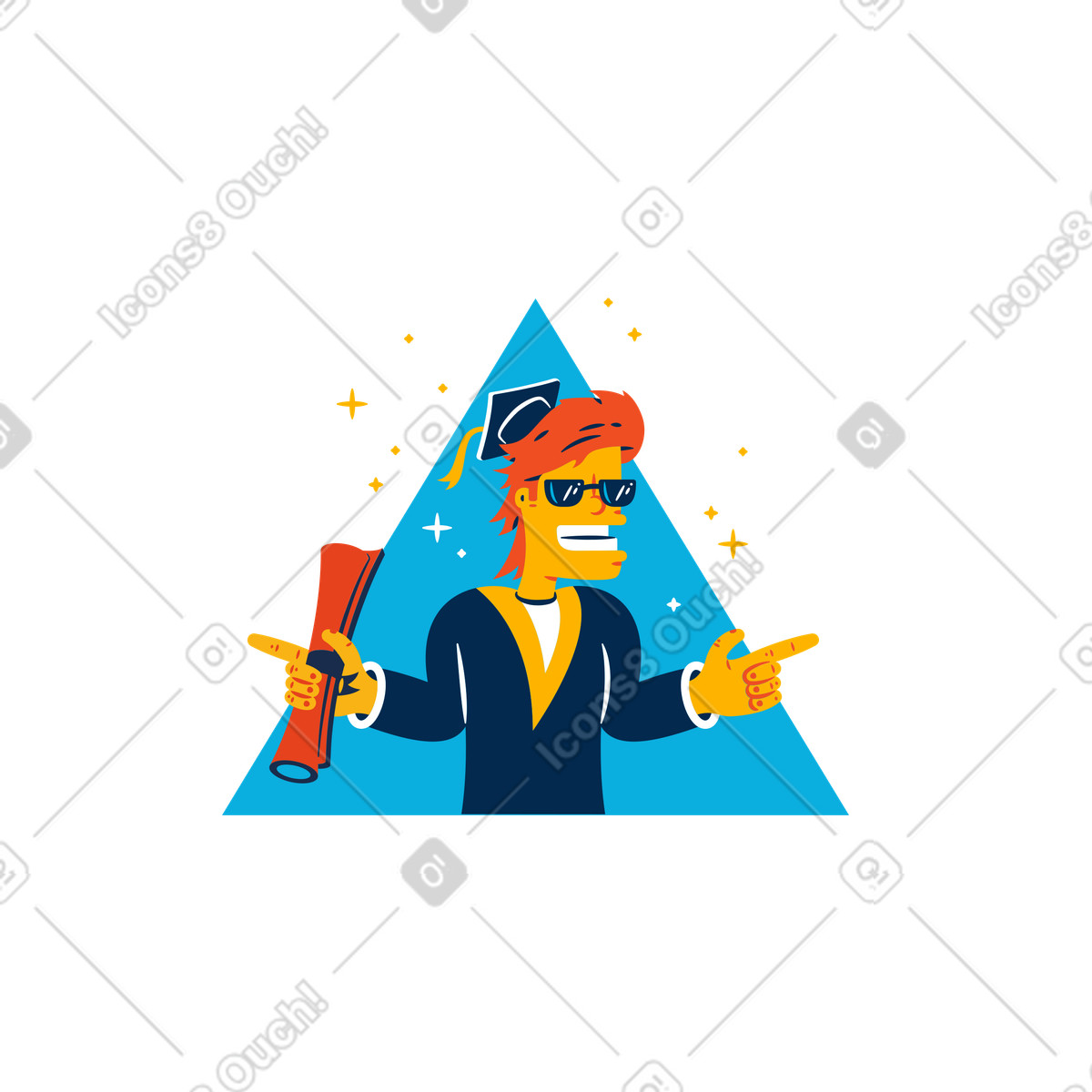 Ilustración Cool graduate with diploma and sunglasses, Graduation celebration student success en estilo Flame a descargar en PNG y SVG