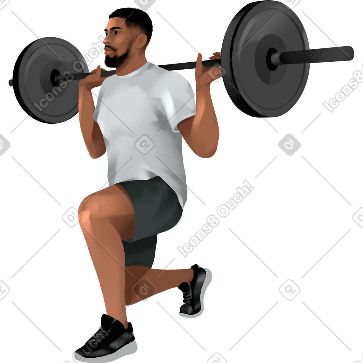 Man on one knee lifting barbell illustration in Demure style download in PNG, SVG