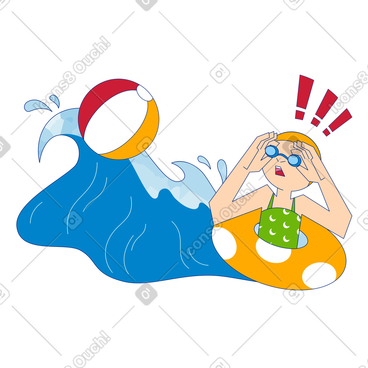 Surprised woman looking through goggles at a ball in water illustration Neo-Sakura style download PNG, SVG