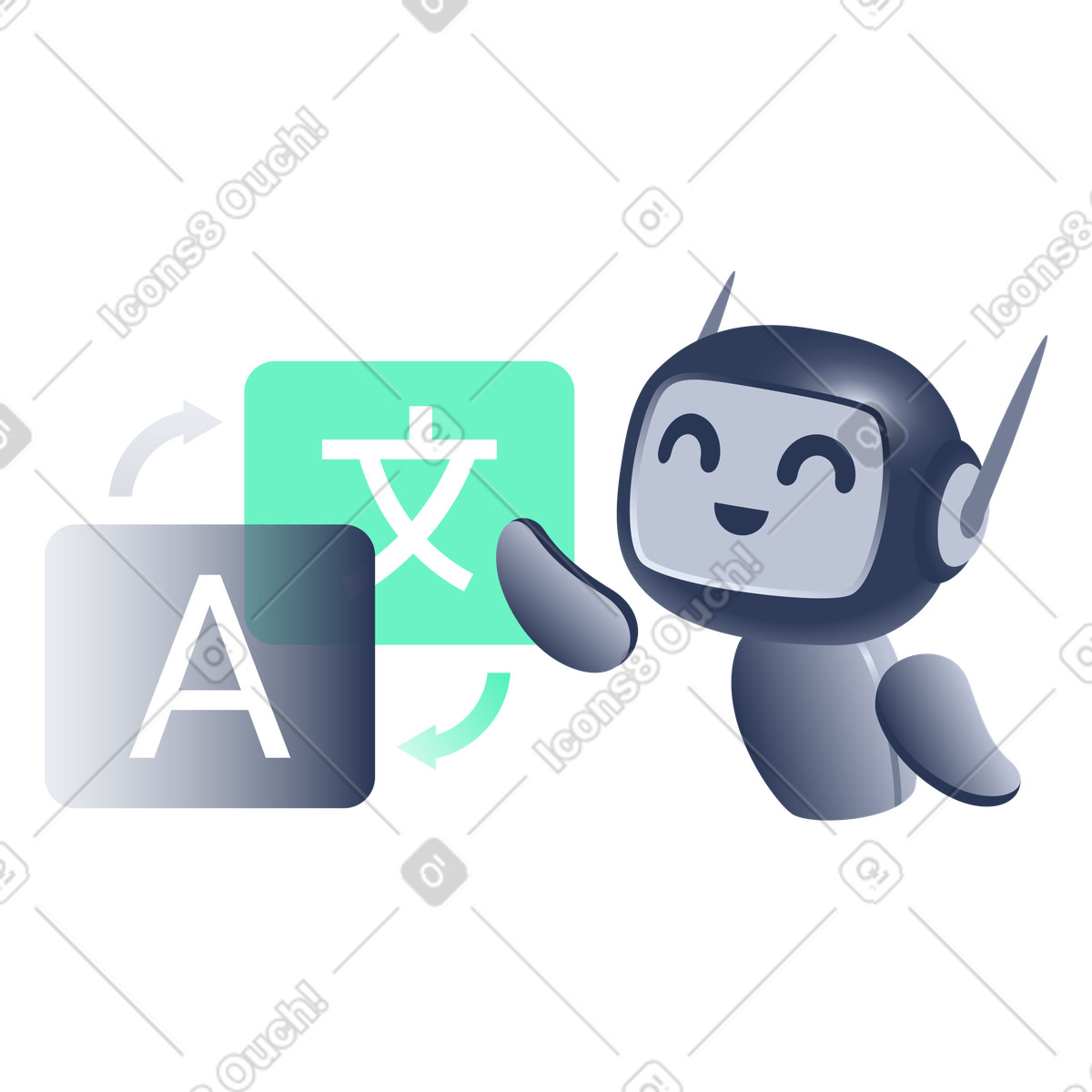 Illustration Robot ia souriant avec symboles linguistiques, traduction automatique ou communication multilingue dans le style Lucent à télécharger aux formats PNG, SVG