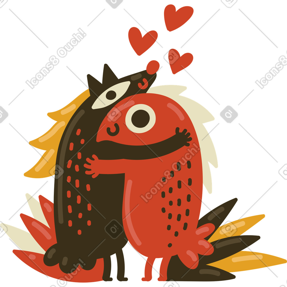 A couple of animals hugging each other animated illustration in GIF, Lottie (JSON), AE