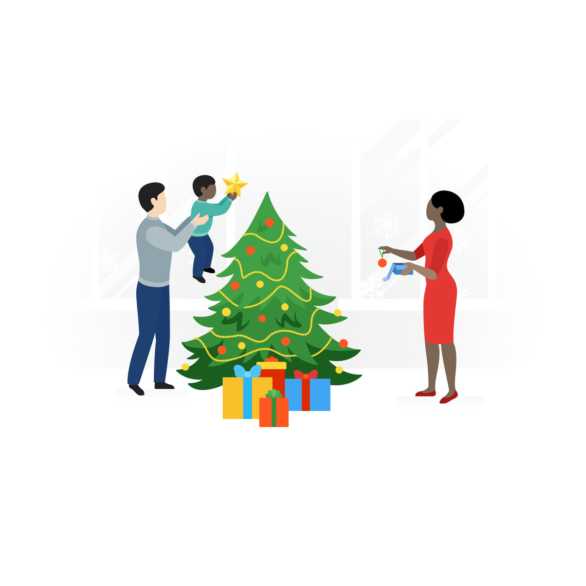 Family decorating Christmas tree, Festive activity illustrazione in stile Fogg scarica in PNG, SVG