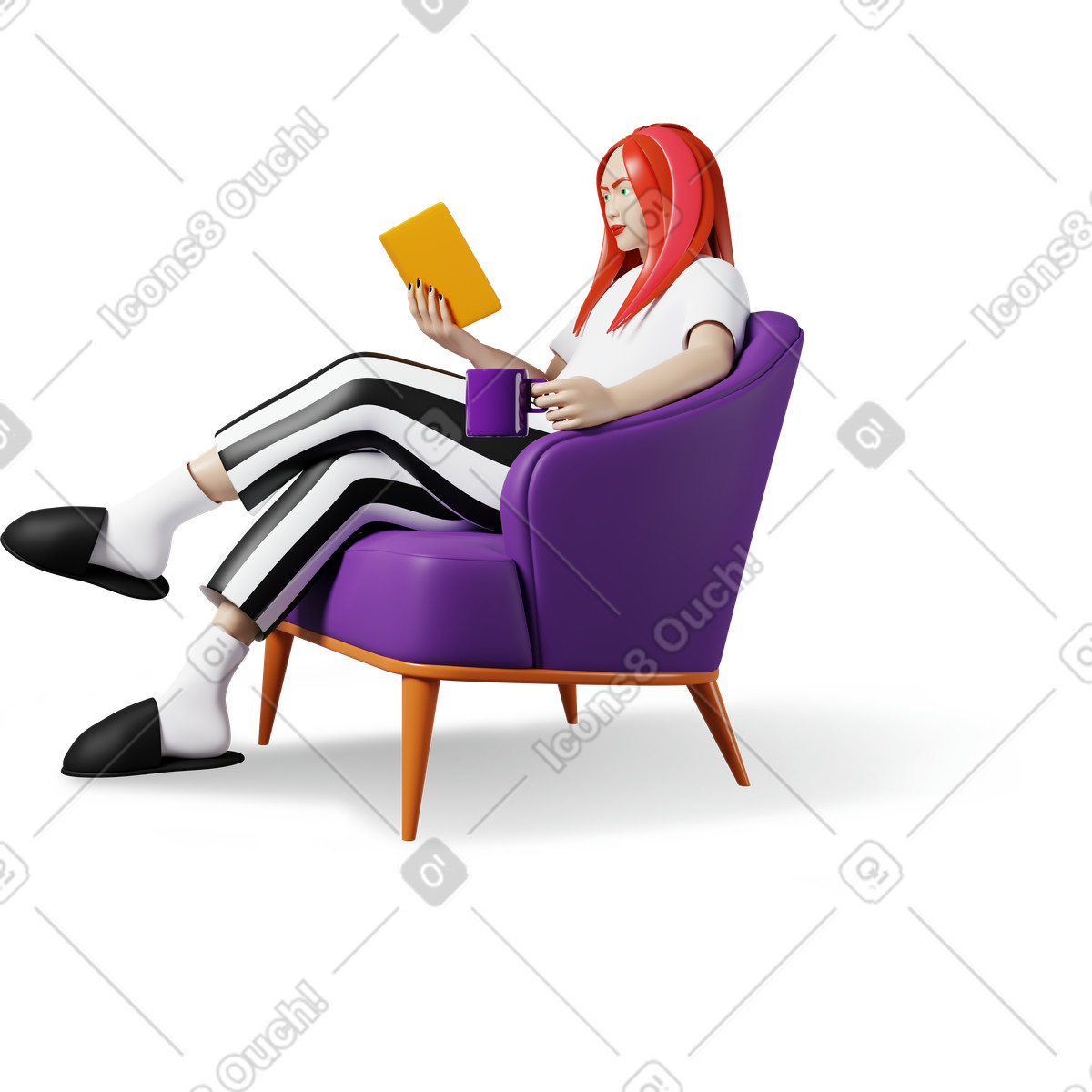 Donna in poltrona, leggendo un libro e bevendo caff&egrave; illustrazione in stile 3D Plastic people scarica in PNG, SVG