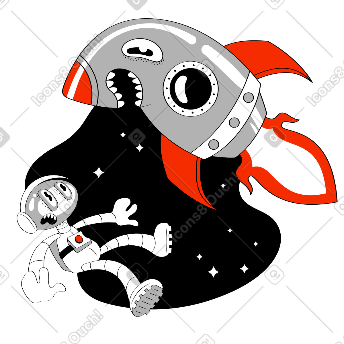 Verrückte rakete erschreckt astronauten im weltall-Illustration Looney-Stil als Download in PNG, SVG