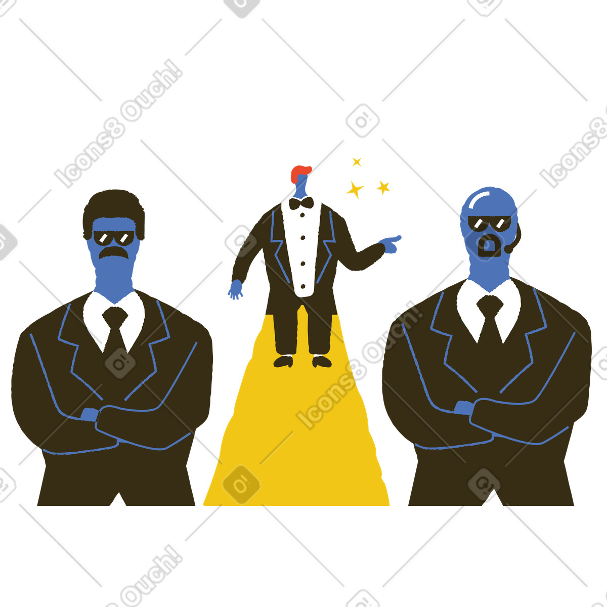 Famous person with security guards illustration in Bermuda style download in PNG, SVG